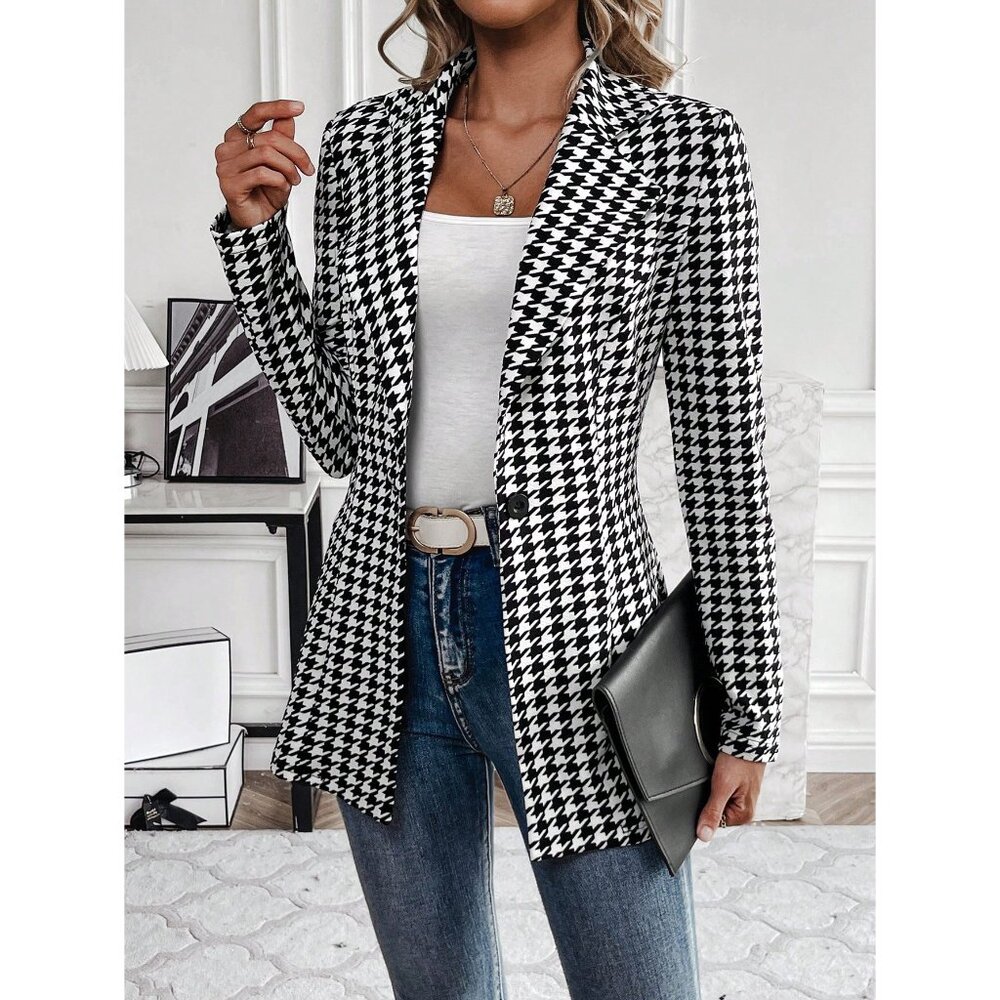 Houndstooth lapel collar single button blazer jacket black white